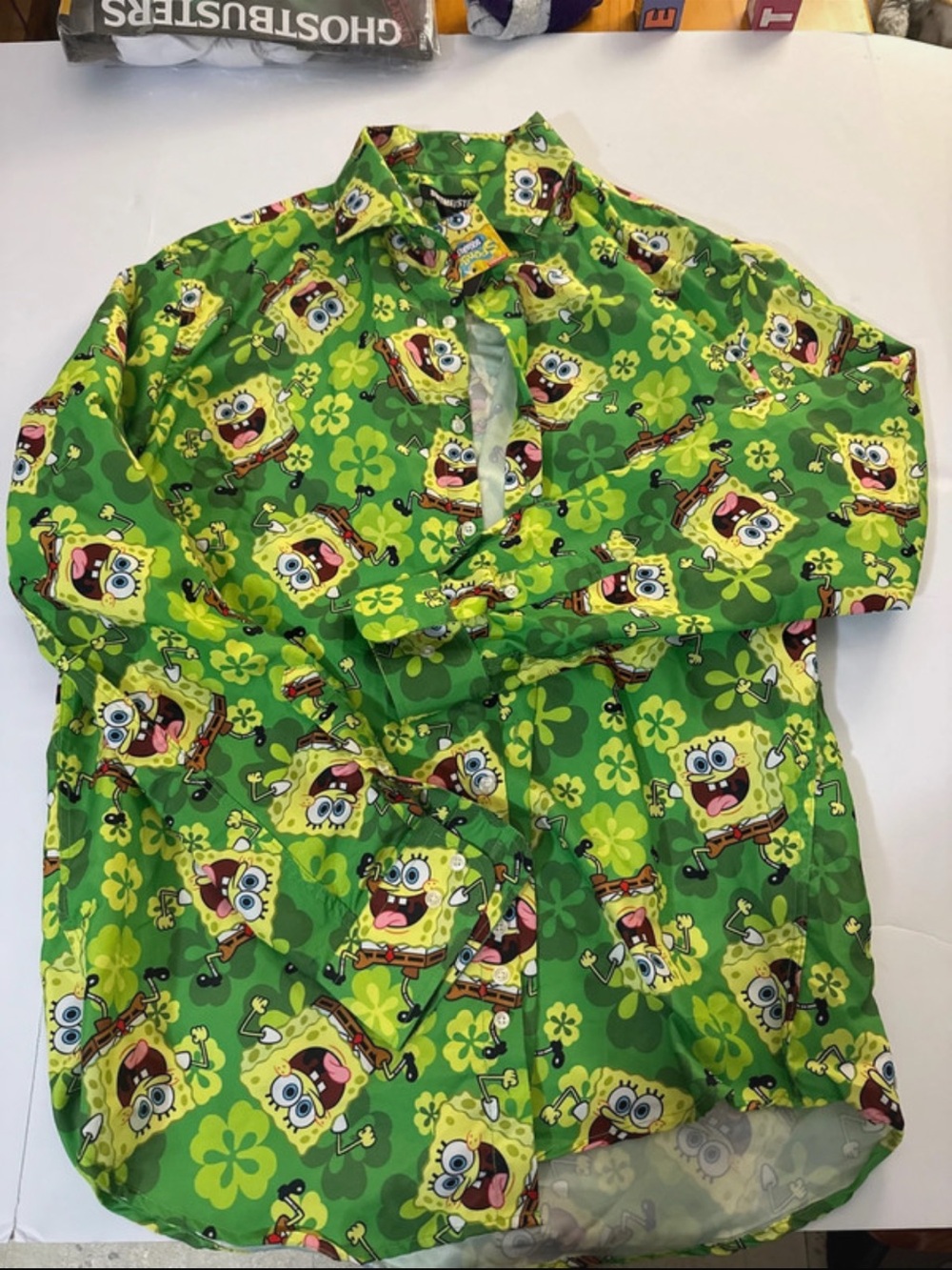 Green Graphic Sponge Character Casual Button-Down Shirt